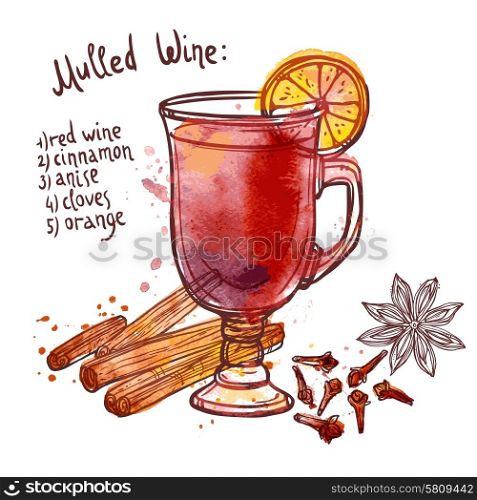Mulled wine set with glass of drink and hand drawn ingredients vector illustration. Mulled Wine Set