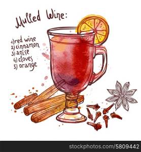 Mulled wine set with glass of drink and hand drawn ingredients vector illustration. Mulled Wine Set