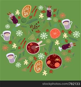 Mulled wine spices, pine tree twigs in circle shape on green background. Festive greeting card, banner, poster sketch design. Vector