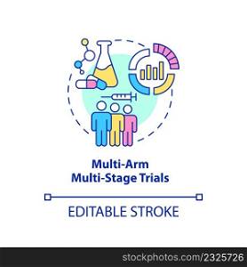 Multi-arm multi-stage trials concept icon. Healthcare testing. Clinical studies type abstract idea thin line illustration. Isolated outline drawing. Editable stroke. Arial, Myriad Pro-Bold fonts used. Multi-arm multi-stage trials concept icon