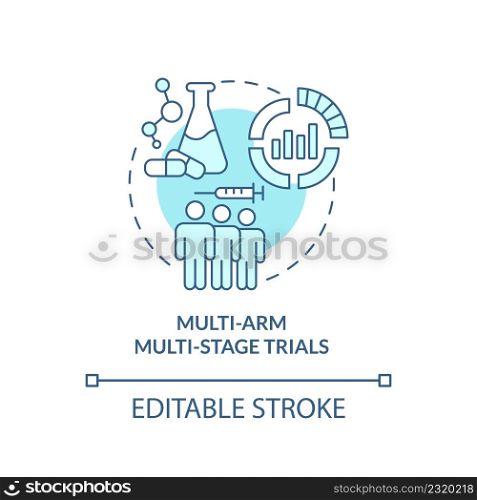 Multi-arm multi-stage trials turquoise concept icon. Clinical studies type abstract idea thin line illustration. Isolated outline drawing. Editable stroke. Arial, Myriad Pro-Bold fonts used. Multi-arm multi-stage trials turquoise concept icon