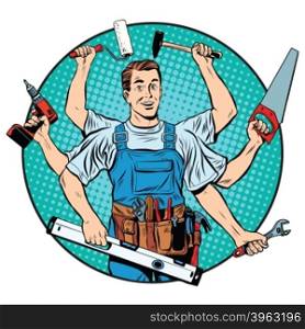 multi-armed master repair professional pop art retro style. Industry repair and construction. Man with tools in his hands.. multi-armed master repair professional