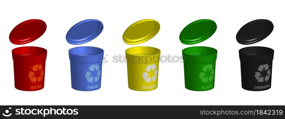 multi-colored baskets, garbage separation tanks. Caring for the environment, recycling of raw materials. Realistic 3d vector on white background