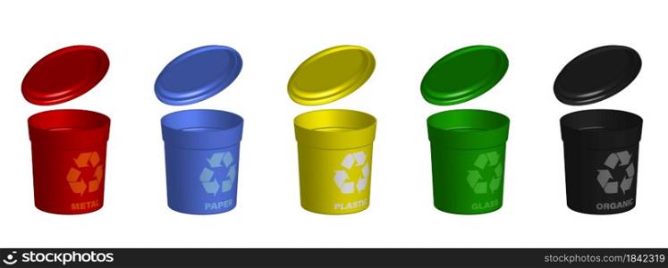 multi-colored baskets, garbage separation tanks. Caring for the environment, recycling of raw materials. Realistic 3d vector on white background