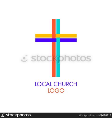 Multi-colored cross made of woven stripes. Local church modern emblem template. Flat isolated Christian vector illustration, biblical background.. Multi-colored cross made of woven stripes. Flat isolated Christian illustration