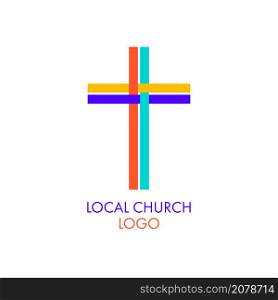 Multi-colored cross made of woven stripes. Local church modern emblem template. Flat isolated Christian vector illustration, biblical background.. Multi-colored cross made of woven stripes. Flat isolated Christian illustration