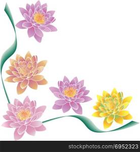 multi-colored lotuses and green strips, angular pattern isolated on white background