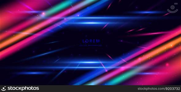 Multi-colored neon light line diagonal abstract background with dot lighting effect on dark blue background. Vector illustration