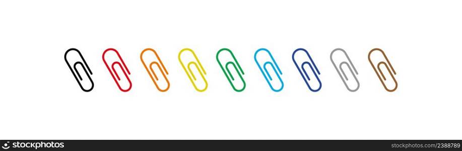 Multi-colored paper clips icon set. Fasteners for paper illustration symbol. Sign object paper work vector desing.
