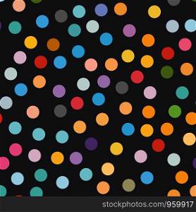 Multi colored polka dot seamless pattern on black background. Vector illustration.. Multi colored polka dot seamless pattern on black background.