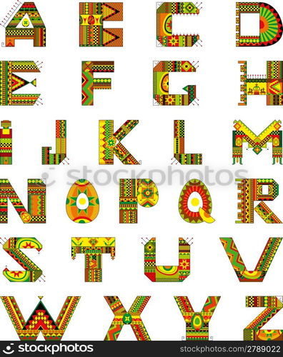 multi-coloured alphabet in ethnic style