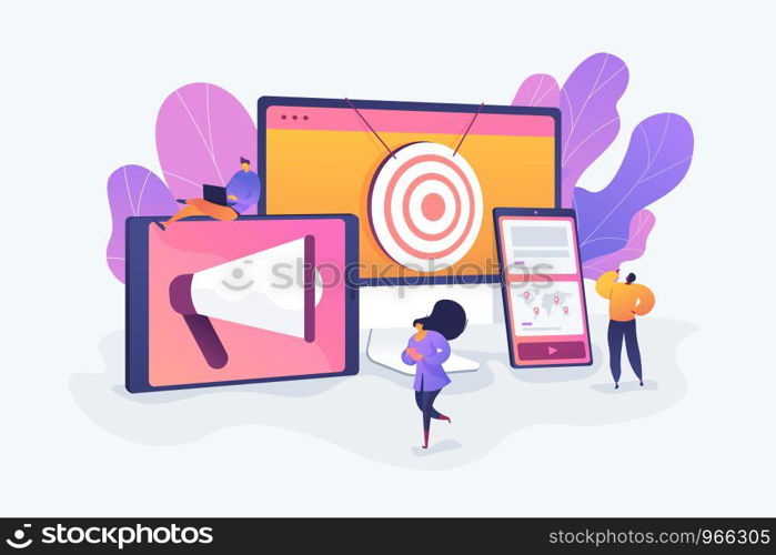 Multi device targeting, reaching audience, cross-device marketing concept. Vector isolated concept illustration with tiny people and floral elements. Hero image for website.. Multi device targeting concept vector illustration.