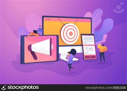 Multi device targeting, reaching audience, cross-device marketing concept. Vector isolated concept illustration with tiny people and floral elements. Hero image for website.. Multi device targeting concept vector illustration.