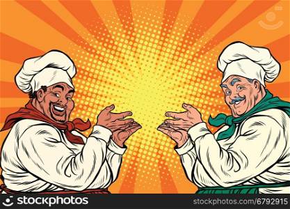 multi-ethnic chefs in the pose of a promoter, pop art retro vector illustration