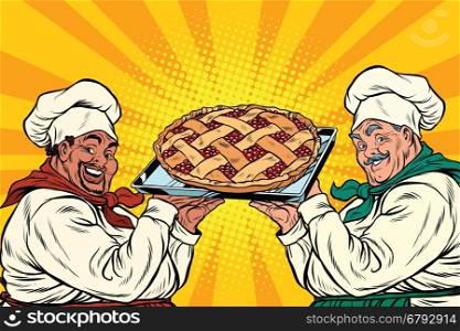 multi-ethnic chefs with berry pie, pop art retro vector illustration