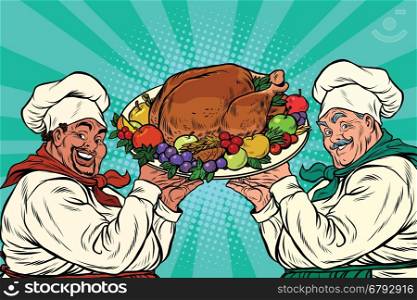 multi-ethnic chefs with roast Turkey, pop art retro vector illustration. Thanksgiving or Christmas dinner