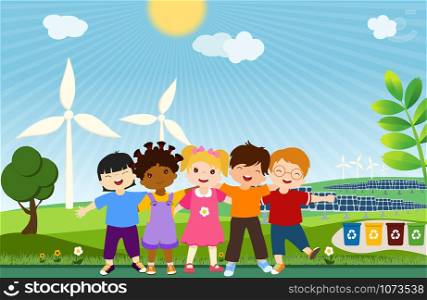Multi-ethnic children of different cultures who embrace for a global eco-friendly world. Together to save the planet. Unit for clean and sustainable energy. Ecological world. Ecology and environment