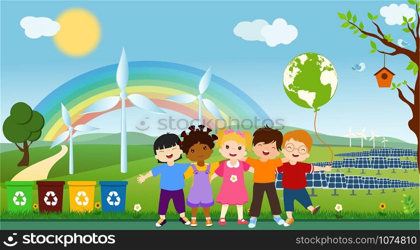 Multi-ethnic children of different cultures who embrace for a global eco-friendly world. Oneness for clean and sustainable energy. Together to save the planet. Ecological world. Ecology and environment