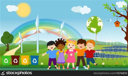 Multi-ethnic children of different cultures who embrace for a global eco-friendly world. Oneness for clean and sustainable energy. Together to save the planet. Ecological world. Ecology and environment