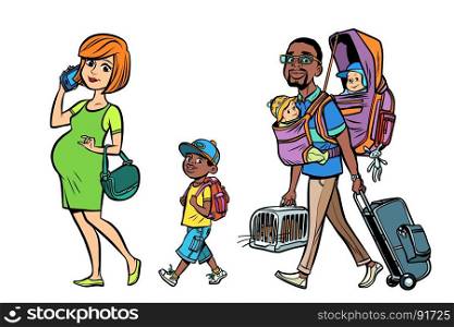 Multi ethnic family travelers, mom dad and kids. A pregnant woman and caring man. Tour with animals and children. Hand drawn illustration cartoon pop art retro vector style. Multi ethnic family travelers, mom dad and kids