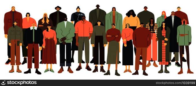Multi ethnic people group. Multiracial student crowd, multinational young people standing together vector illustration. Male and female multicultural cartoon characters on white background. Multi ethnic people group. Multiracial student crowd, multinational young people standing together vector illustration. Youth cartoon characters , multicultural men and women on white