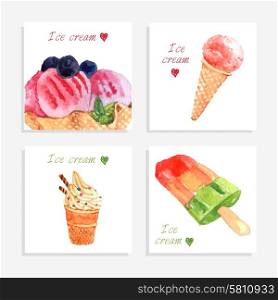 Multi flavored ice cream bar on stick and waffle cones icons collection banner watercolor abstract vector illustration. Ice cream watercolor icons composition banner