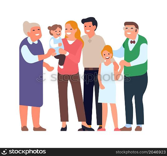 Multi generation family. Grandparents parents and kids happy together. Vector illustration. Multi generation family. Grandparents parents and kids happy together