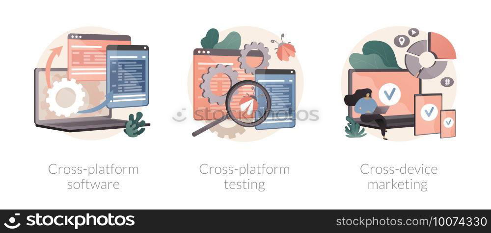 Multi platform framework abstract concept vector illustration set. Cross-platform software testing, cross-device tracking, application development, operating system, analytics abstract metaphor.. Multi platform framework abstract concept vector illustrations.
