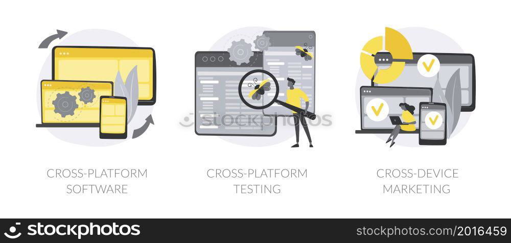 Multi platform framework abstract concept vector illustration set. Cross-platform software testing, cross-device tracking, application development, operating system, analytics abstract metaphor.. Multi platform framework abstract concept vector illustrations.