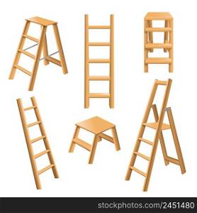 Multi purpose leaning and standing classic wooden ladders realistic 3d collection with step stool isolated vector illustration . Wooden Ladders Realistic Set