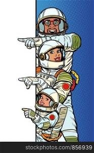 multi race family astronauts mom dad and son. Point to copy space poster. Pop art retro vector Illustrator vintage kitsch drawing. multi race family astronauts mom dad and son. Point to copy space poster