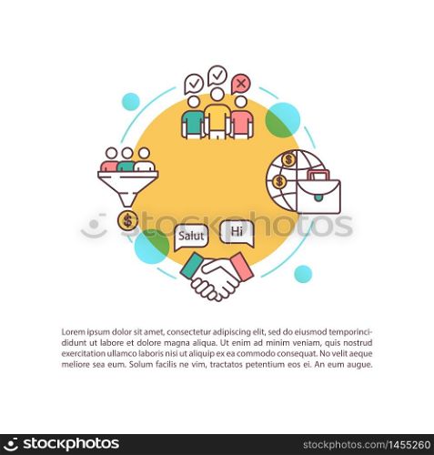 Multi racial team concept icon with text. Global business organization. Multi national group. PPT page vector template. Brochure, magazine, booklet design element with linear illustrations. Multi racial team concept icon with text