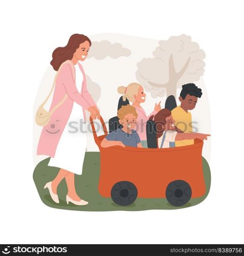 Multi seat stroller isolated cartoon vector illustration. Kindergarten facility, toddlers sitting in multi seat wagon, teacher pushing kids stroller, quad buggy, going outside vector cartoon.. Multi seat stroller isolated cartoon vector illustration.