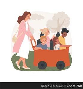 Multi seat stroller isolated cartoon vector illustration. Kindergarten facility, toddlers sitting in multi seat wagon, teacher pushing kids stroller, quad buggy, going outside vector cartoon.. Multi seat stroller isolated cartoon vector illustration.