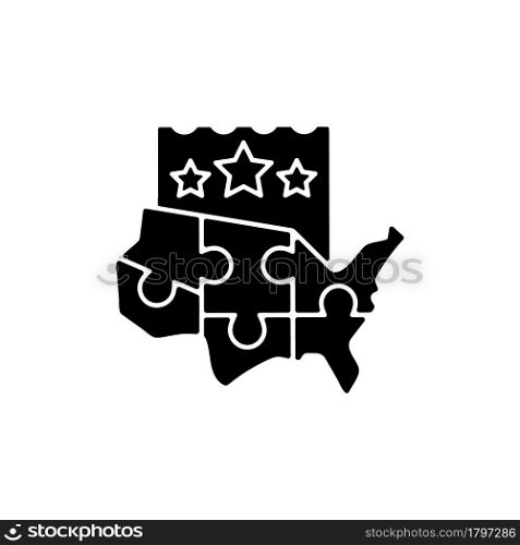 Multi-state lottery games black glyph icon. Joining multiple states together for large winning prize. Increasing game membership. Silhouette symbol on white space. Vector isolated illustration. Multi-state lottery games black glyph icon