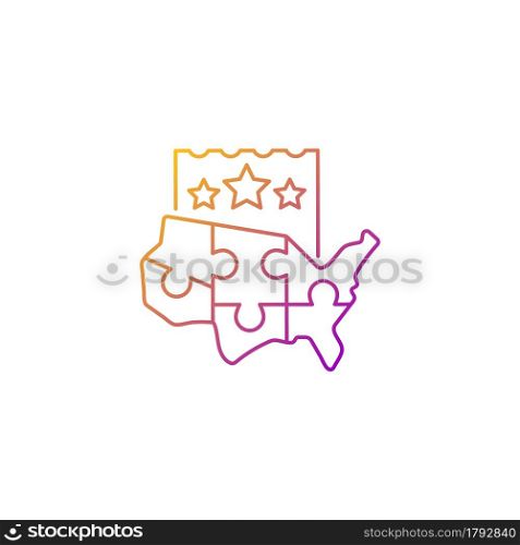 Multi-state lottery games gradient linear vector icon. Joining multiple states together for large winning prize. Thin line color symbols. Modern style pictogram. Vector isolated outline drawing. Multi-state lottery games gradient linear vector icon