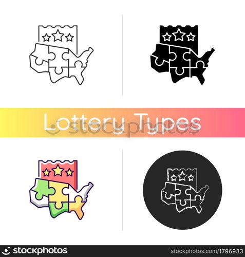 Multi-state lottery games icon. Joining multiple states together for large winning prize. Increasing game membership. Ticket sales. Linear black and RGB color styles. Isolated vector illustrations. Multi-state lottery games icon