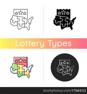 Multi-state lottery games icon. Joining multiple states together for large winning prize. Increasing game membership. Ticket sales. Linear black and RGB color styles. Isolated vector illustrations. Multi-state lottery games icon