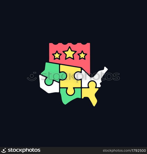 Multi-state lottery games RGB color icon for dark theme. Joining states together. Increase game membership. Isolated vector illustration on night mode background. Simple filled line drawing on black. Multi-state lottery games RGB color icon for dark theme