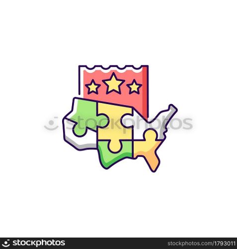 Multi-state lottery games RGB color icon. Joining multiple states together for large winning prize. Increasing game membership. Ticket sales. Isolated vector illustration. Simple filled line drawing. Multi-state lottery games RGB color icon