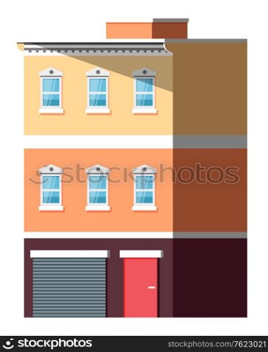 Multi-storey building with windows and entrance, shadow on house. City or street construction with yellow wall, exterior of skyscraper vector. Exterior of Multi-storey Building, House Vector