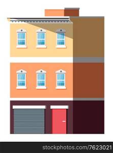 Multi-storey building with windows and entrance, shadow on house. City or street construction with yellow wall, exterior of skyscraper vector. Exterior of Multi-storey Building, House Vector
