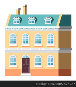 Multi-storey building with windows and entrance, shadow on house. City or street construction with yellow wall, exterior of skyscraper vector. Flat cartoon. Exterior of Multi-storey Building, House Vector