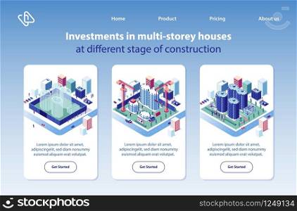 Multi-storey Houses Construction Investment Project Isometric Vector Vertical Web Banners Set. City Apartment and Condominium Complex Advertising Banners. Real Estate Company Landing Pages Collection