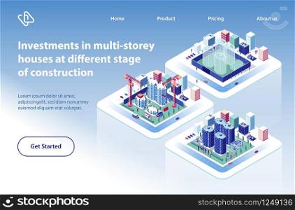 Multi-Storey Houses Construction Investment Project Isometric Vector Web Banner. Apartment or Condominium Complexes on Different Stages of Readiness Illustration. Real Estate Company Landing Page