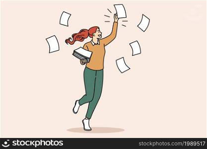 Multi tasking and work concept. Young smiling woman cartoon character walking in office collecting flying paper sheets with tasks vector illustration . Multi tasking and work concept