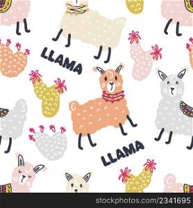 Multicolor bright summer seamless pattern of lamas, cactuses and text LLAMA. Design for T-shirt, textile and prints. Hand drawn vector illustration.