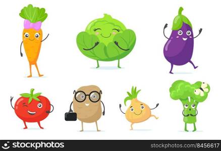 Multicolor cute vegetable mascots flat icon set for web design. Cartoon funny characters of carrot, onion, cabbage and tomato isolated vector illustration collection. Healthy food and garden concept