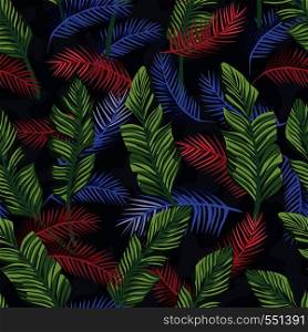 Multicolor exotic tropical banana leaves seamless vector pattern on the blue camo background