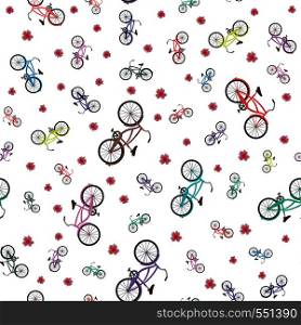 Multicolor flat vector bicycle with flowers seamless pattern on the white background. Summer design
